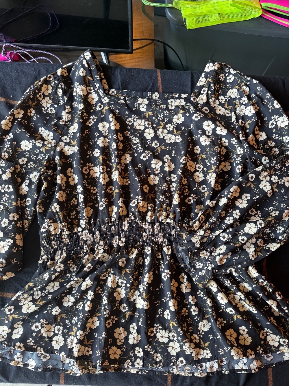 Black Floral Smocked-Waist Blouse